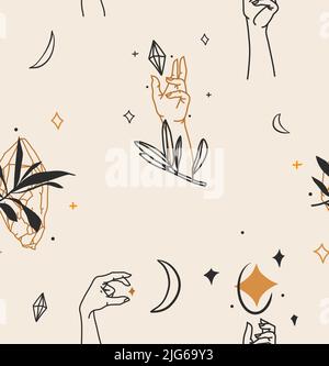 Dessin à la main vecteur résumé stock plat graphique illustration avec élément de logo, bohème magie ligne art sans couture motif des mains humaines, croissant, cristaux Illustration de Vecteur