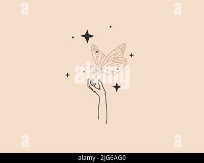 Dessin à la main vecteur résumé stock plat illustration graphique avec élément de logo, bohème magie art de pierre de cristal de pierre de pierre de pierre dans la main humaine et étoiles en simple Illustration de Vecteur