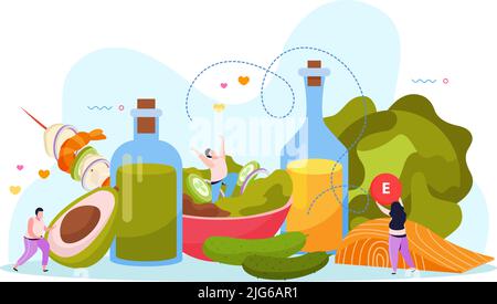 Huiles alimentaires fond plat avec composition de caractères humains et de nourriture vitaminée avec des bouteilles d'huile illustration vectorielle Illustration de Vecteur