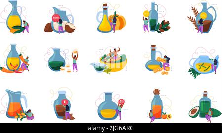 Huile alimentaire plat recolor set avec des icônes isolées de l'huile flacons fruits légumes et caractères humains illustration vectorielle Illustration de Vecteur