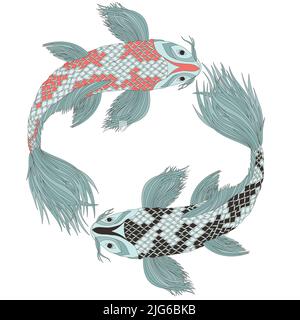 Deux carpes japonaises dans le style des symboles feng shui. Poissons de couleur comme signe de zodiaque. Illustration couleur. Illustration de Vecteur