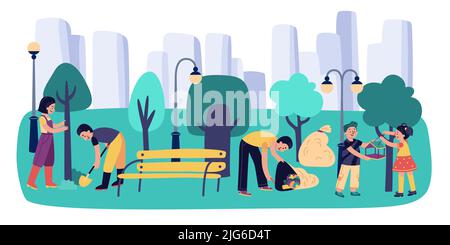 Composition du jardin du parc bénévole avec paysage urbain extérieur et des gens plantant des arbres et rassemblant des déchets ensemble illustration vectorielle Illustration de Vecteur