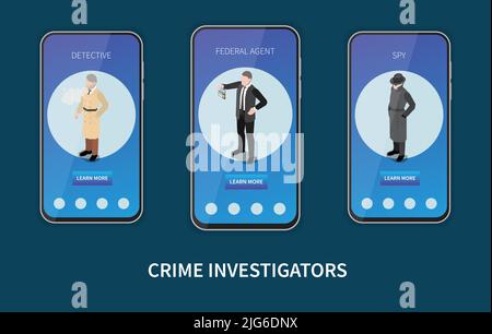 Ensemble isométrique avec enquêteurs de crime personnages masculins de détective Federal agent espion sur les écrans de smartphone isolé 3D illustration de vecteur Illustration de Vecteur