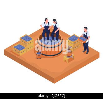 Production de vin composition isométrique avec des raisins mûrs dans des caisses en bois et les ouvriers les écrasant 3D illustration vectorielle Illustration de Vecteur