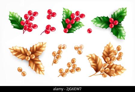 Ensemble de décorations de noël isolées et icônes de plantes avec des éléments de couleur dorée et illustration réaliste de grappes de baies Illustration de Vecteur