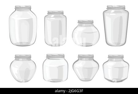 Jeu de bocaux transparents en verre brillant vides pour les aliments en conserve sans bouchon à vis sur fond blanc illustration vectorielle isolée Illustration de Vecteur