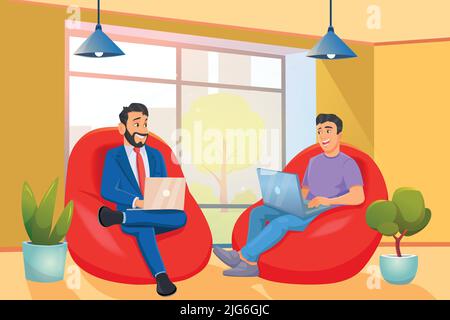 Deux hommes d'affaires assis et parlant brainstorming sur le fond de bureau. Illustration vectorielle de concept de réunion ou d'entretien. Collègues au bureau Illustration de Vecteur