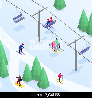 Station de ski de montagne pour les sports d'hiver avec skieurs et snowboardeurs qui descendent la colline et utilisent les téléphériques 3D illustration vectorielle isométrique Illustration de Vecteur