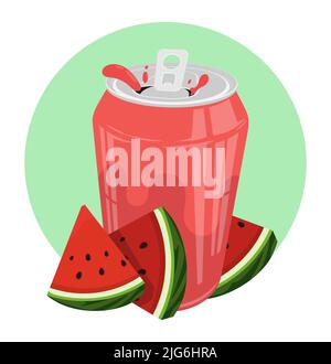 Boîte ouverte en aluminium avec boisson gazeuse et pastèque. Boisson fraîche rafraîchissante pour un été brillant. Vecteur de dessin animé isolé sur fond blanc Illustration de Vecteur