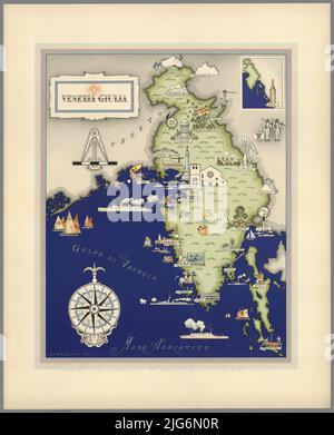 Venezia Giulia, Trieste, carte de Venise Giulia, Italie petite carte colorée avec vignettes de structures, nature, activités, produits, cultures, Etc. Villes et villes étiquetées. Doré utilisé sur la plupart des cartes. Du livre ' Italia ' de Agostini, Giovanni; Nicouline, Vsevolod Petrovic Date de publication 1938 Editeur Societa Anonima Editrice 'Italgeo', oeuvre de Milan par Vsevolod Petrovic Nicouline Banque D'Images