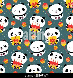 Kawaii panda anniversaire vecteur sans couture motif arrière-plan. Toile de fond mignonne avec des ours de dessin animé contenant des gâteaux, des ballons, des cupcakes. Conception neutre Illustration de Vecteur