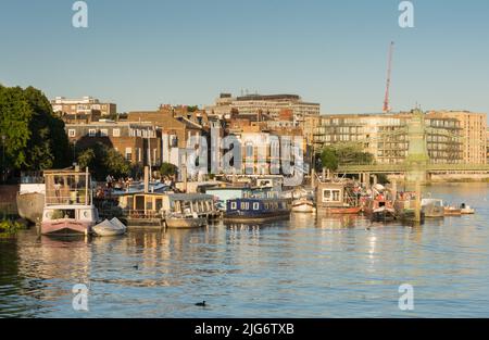 Lower Mall Houseboats amarrés sur la Tamise par Furnival Gardens, Hammersmith, Londres, Royaume-Uni Banque D'Images