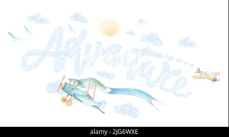 Aventure temps pépinière mur art. Avions voler dans le ciel. Soleil, nuages bleus, ballons, oiseaux. Arrière-plan blanc. Douche de bébé garçon. Aquarelle. Isolé Banque D'Images