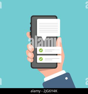 Main tenant l'icône du smartphone dans un style plat. Case à cocher Illustration vectorielle approuvée sur un arrière-plan isolé. Cochez la case confirmer le concept commercial de l'enseigne. Illustration de Vecteur