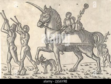 Trompettistes dirigeant Ceasar à cheval, de « les triomphes de César », 1504. Banque D'Images