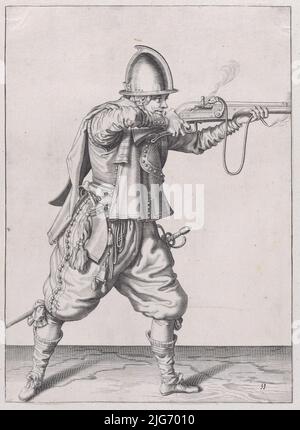 Un soldat qui prend fin, de la série de markmen, planche 11, dans Waffenhandlung von den R&#xf6;ren Musquetten undt Spiessen / Wapenhandelinghe van Roers Musquetten ende Spiessen (l'exercice des armes), publié en 1608. Banque D'Images