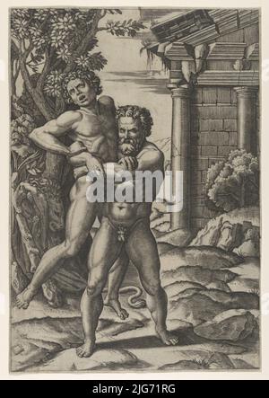 Hercules tenant Antaeus par la taille et le soulevant de ses pieds, ca. 1520-22. Banque D'Images