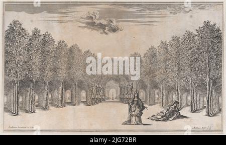 Deux femelles au premier plan, l'une debout sur l'autre inclinable, entourées de chemins bordés d'arbres; décor de 'il Pomo d'Oro', 1668. Banque D'Images