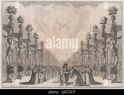 Trois hommes au centre, un vieil homme qui tient un livre ouvert pour un soldat à signer comme un homme plus petit se tient à gauche tenant l'encre; un grand groupe d'hommes les entoure; ensemble de conception de 'il Fuoco Eterno', 1674. Banque D'Images