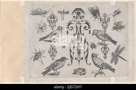 Blackwork Designs with Birds and insectes, planche 2 d'une série d'ornements Blackwork combinés avec des figures, des oiseaux, des animaux et des fleurs, après 1622. Banque D'Images