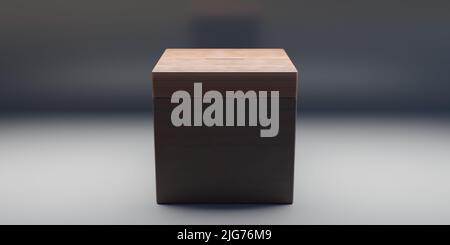 Concept d'élection. Boîte de scrutin en bois avec fente sur fond sombre, espace pour le texte, vue de face. 3d rendu Banque D'Images