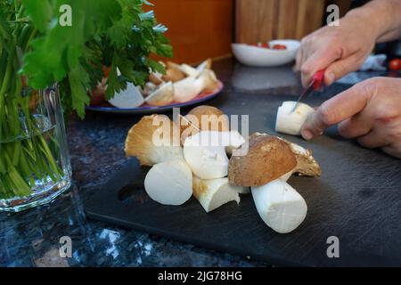 Cuisine souabe, préparation de Bubaspitzle avec des légumes du four, des trompettes (Pleurotus eryngii), des champignons (Agaricus) (Syn. : Banque D'Images