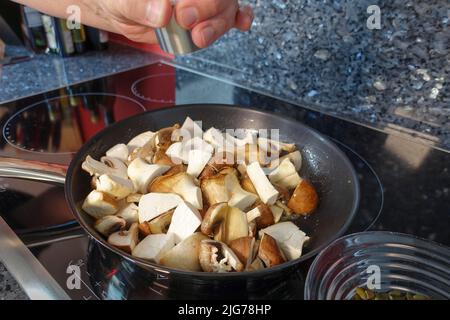 Cuisine souabe, préparation de Bubaspitzle avec des légumes du four, des trompettes (Pleurotus eryngii), des champignons (Agaricus) (Syn. : Banque D'Images