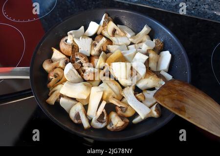 Cuisine souabe, préparation de Bubaspitzle avec des légumes du four, des trompettes (Pleurotus eryngii), des champignons (Agaricus) (Syn. : Banque D'Images