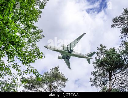 Avion, approche d'atterrissage, forêt urbaine, Francfort-sur-le-main, Hesse, Allemagne Banque D'Images