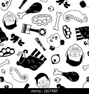 Sans coutures à plusieurs motifs. Fond de piston et de mammouth. Texture du crâne et des articulations en laiton. Déco jeune tendance Illustration de Vecteur