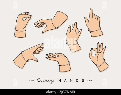 Jeu de mains courbes avec icônes de doigts dans différentes positions, dessin avec couleur beige sur fond gris Illustration de Vecteur