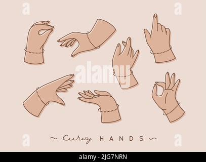 Jeu de mains courbes avec icônes de doigts dans différentes positions, dessinant de couleur beige sur fond de café Illustration de Vecteur