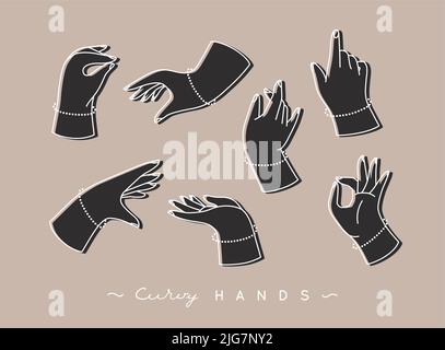 Jeu de mains courbes avec icônes de doigts dans différentes positions, dessin avec couleur noire sur fond beige Illustration de Vecteur