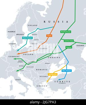 Pipelines de gaz naturel de la Russie à l'Europe, carte politique. Nord Stream, Yamal, Brotherhood, Asie centrale, soyouz, Blue Stream et TurkStream. Banque D'Images