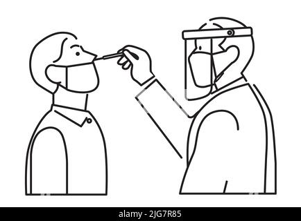 Médecin ou travailleur médical prenant un échantillon d'un patient avec un coton-tige nasal pour tester sa positivité au coronavirus. Ligne d'icône de test PCR ou antigène. Illustration de Vecteur