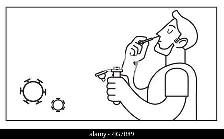 Auto-test de l'homme avec un kit de détection à domicile de l'antigène pour la détection du coronavirus covid-19. Prélèvement d'un échantillon à l'aide d'un coton-tige nasal. Test de sa positivité. Illustration de Vecteur