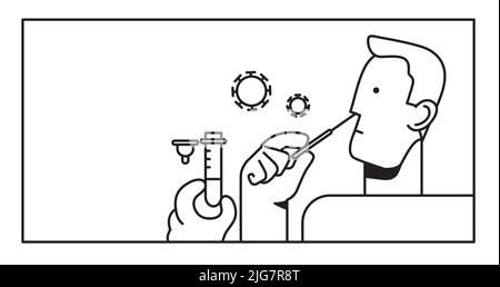 Homme utilisant un écouvillon nasal en coton pour prélever un échantillon pour un test d'autocontrôle de l'antigène. Démonstration du kit de test à domicile de l'antigène.vecteur de ligne noir et blanc. Illustration de Vecteur