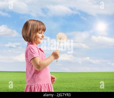 Petite fille tenant une pissenlit dehors sur un terrain d'herbe Banque D'Images