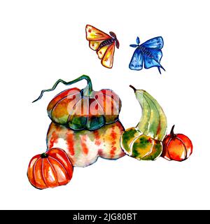 Aquarelle dessin à la main illustrations de dessins de citrouilles et de moths de dessins animés, isolés sur fond blanc.Cartoon Joyeux Halloween vacances Banque D'Images