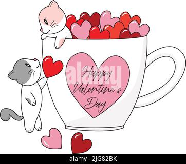 Un couple de chats mettant des coeurs dans une tasse, les chats de la Saint-Valentin, les chatons aiment pour la Saint-Valentin Illustration de Vecteur
