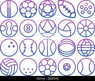 Lot de 20 icônes avec contour. Différentes balles. Icônes de sport Illustration de Vecteur