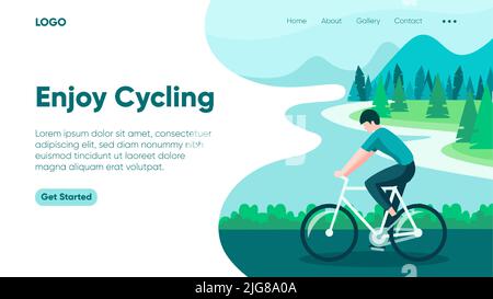 Un modèle de page d'atterrissage d'aventure à vélo en plein air avec un homme dans un vélo Illustration de Vecteur