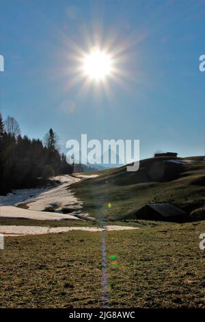 Le printemps se déplace dans le pays sur le chemin d'Eckbauer à Wamberg, en arrière-plan le Waxenstein, Zugspitze, le soleil dans le contre-jour, Allemagne, Bavière, haute-Bavière, Loisachtal, Garmisch-Partenkirchen, Banque D'Images