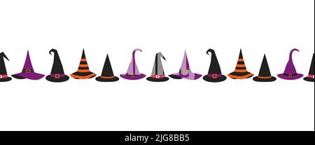 Halloween sorcière chapeaux fantaisie sans couture motif vectoriel de bordure. Élément de dessin animé mignon Wizard CAPS. Ensemble de symboles Halloween isolé. Vacances du 31 octobre Illustration de Vecteur