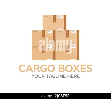 Logo en tas de boîtes en carton. Caisse de chargement de livraison avec symbole d'entretien fragile, manipulation avec soin, protection contre les vecteurs de pluie. Illustration de Vecteur