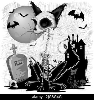 Chat créepy Zombie Skeleton, personnage d'Halloween effrayant avec Tombstone, crânes, Bats, pleine lune, et une illustration du vecteur de château hanté Illustration de Vecteur