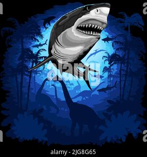 Grand requin blanc sortant d'un paysage marin préhistorique surréaliste avec dinosaures et palmiers Illustration de Vecteur
