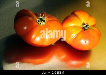 Vue en grand angle de deux tomates Heirloom sur une surface métallique Banque D'Images