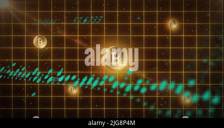 Image du traitement des données et des bitcoins sur fond noir Banque D'Images