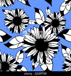 motif sans couture de fleurs graphiques noir et blanc sur fond bleu, texte, design Banque D'Images